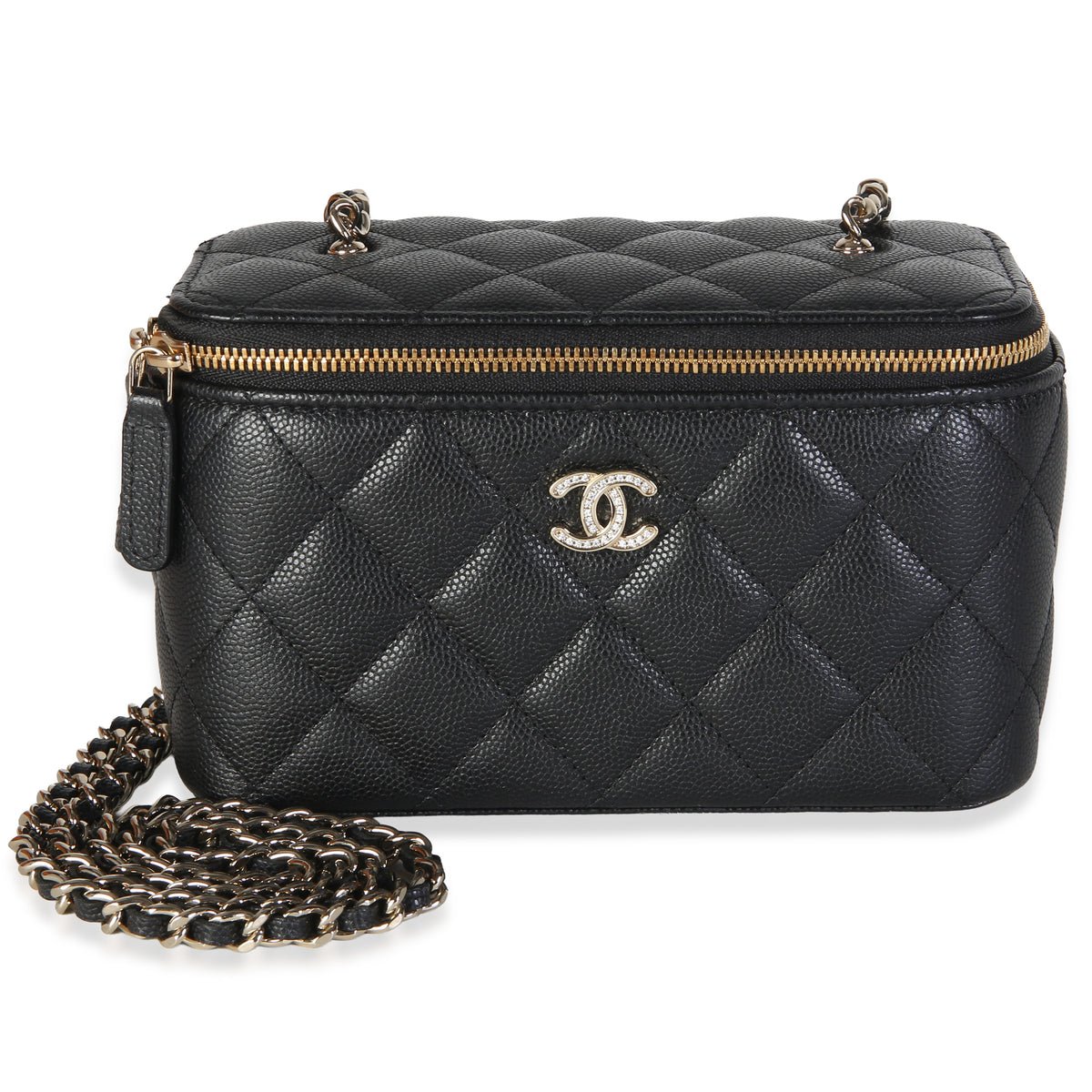 Black Quilted Caviar Crystal CC Small Vanity Case With Chain