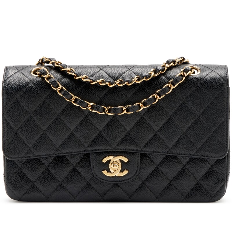Vintage Black Quilted Caviar Medium Classic Double Flap Bag Gold Hardware, 2005-2006
