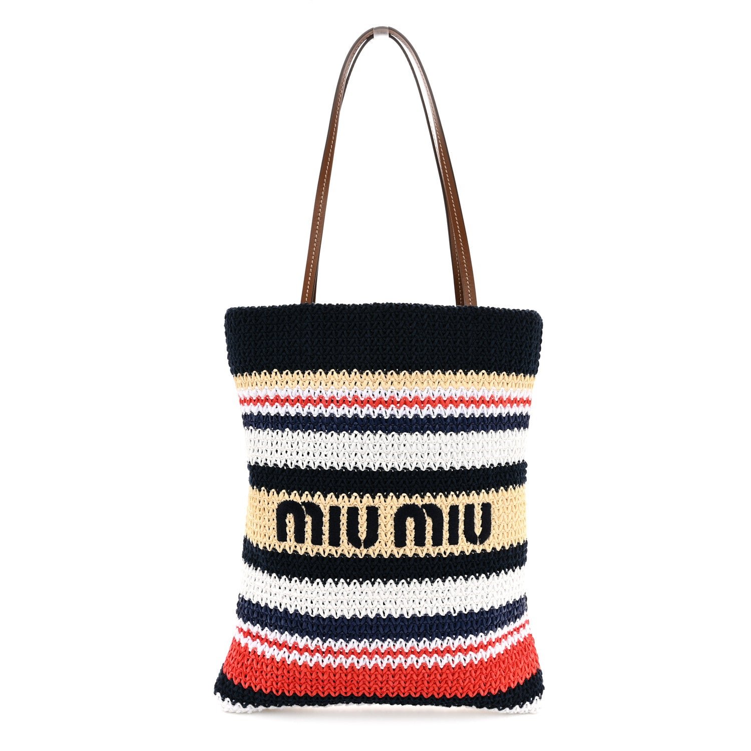 Miu Miu Raffia Crochet Stripe Vertical Tote Bag  Blue Red Natural