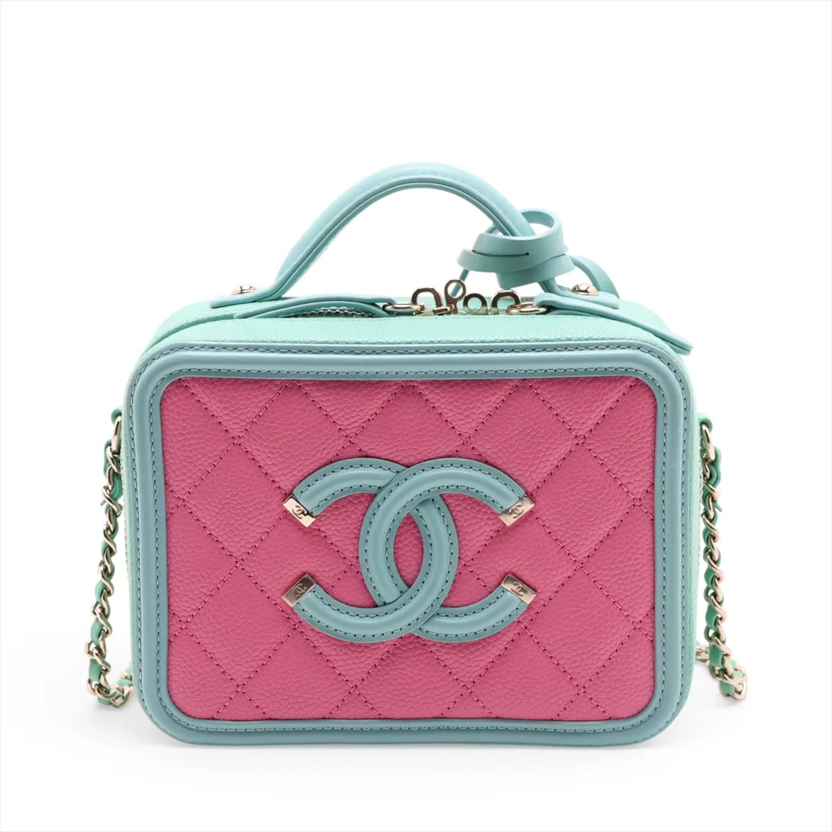 Chanel CC Filigree Caviar Skin 2 Way Shoulder Bag green x pink Gold Metal Fittin