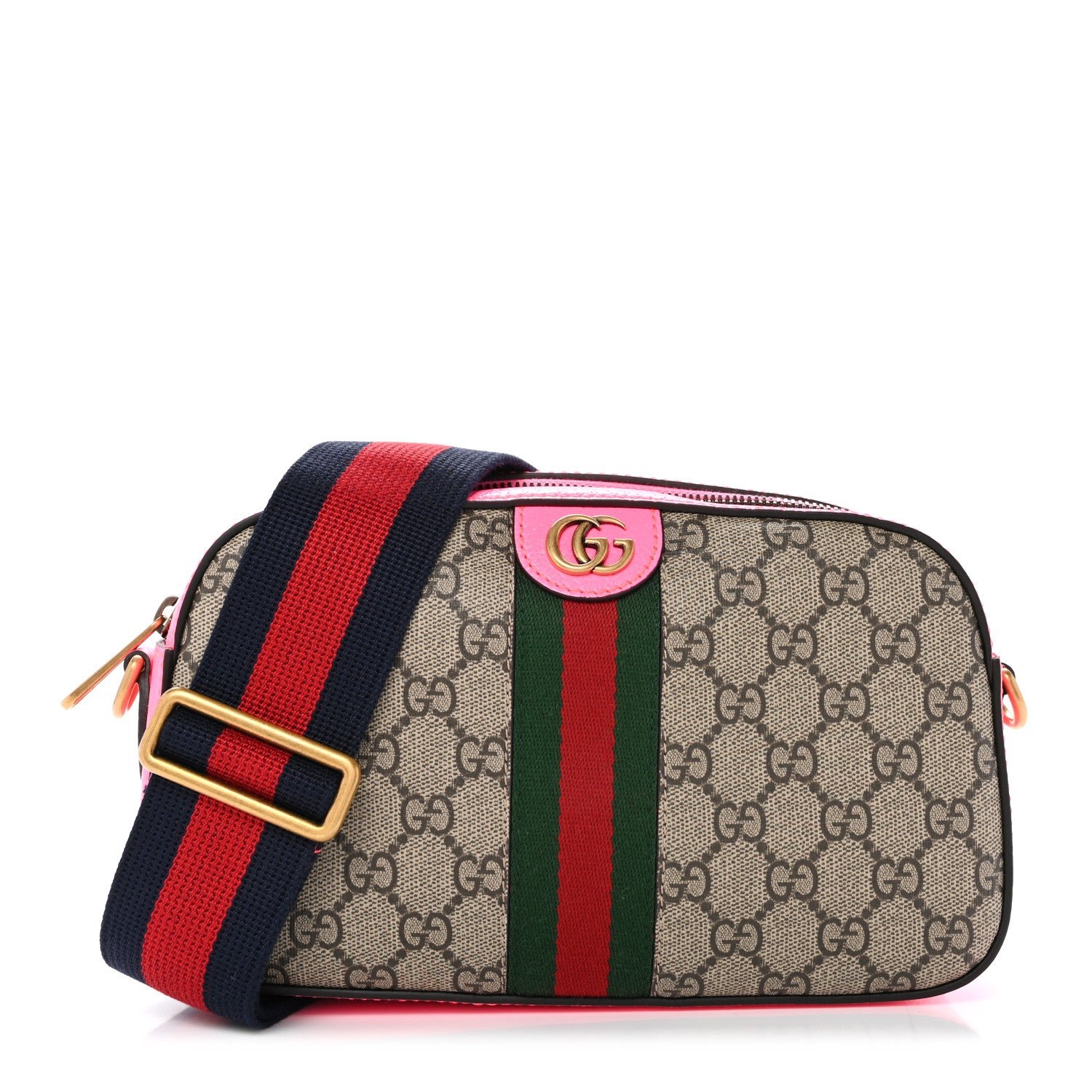 Gucci GG Supreme Monogram Textured Dollar Calfskin Web Ophidia Small Crossbody Bag Beige Ebony Fuchsia