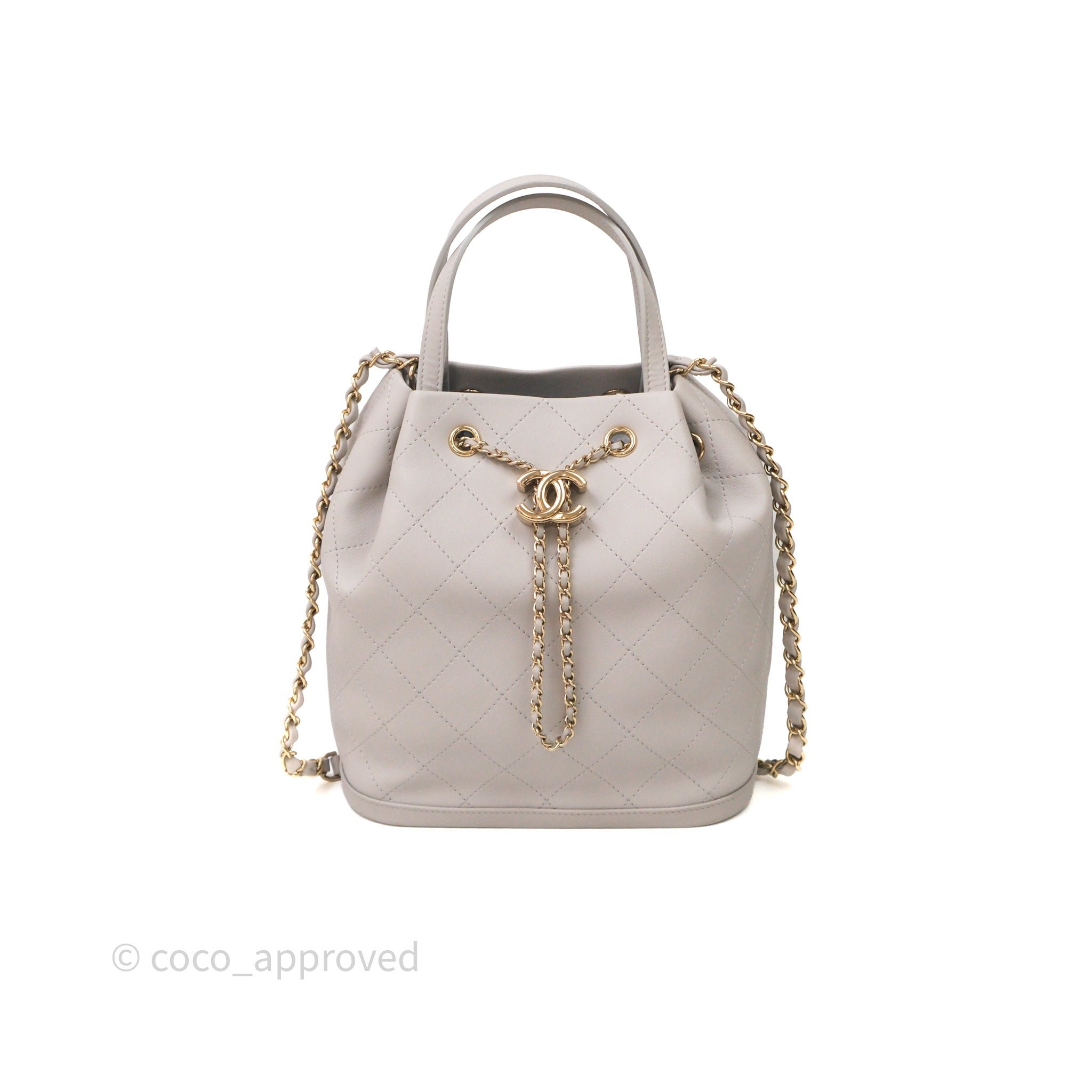Chanel Quilted Handle Bucket Grey Bag Calfskin Light Gold Hardware