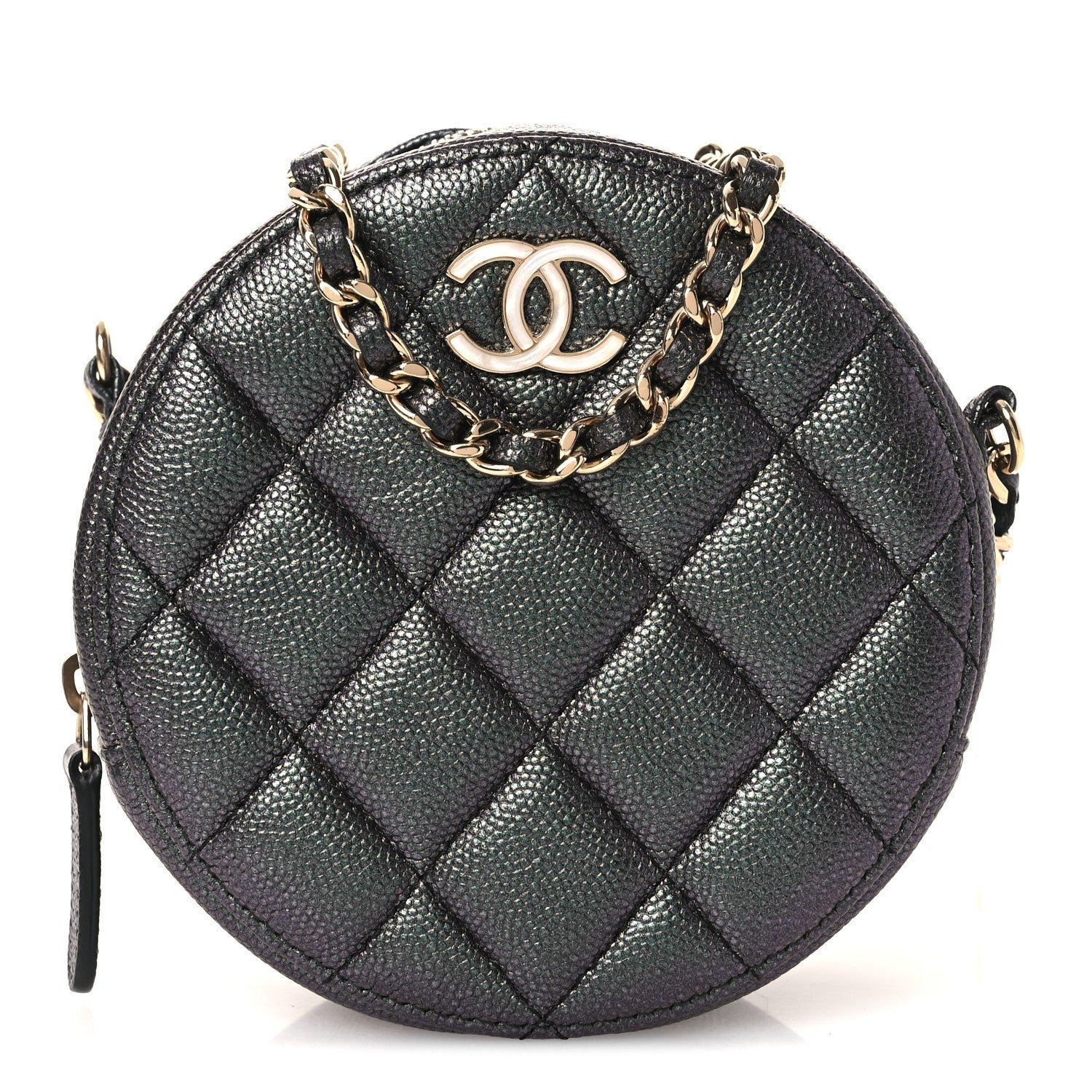 Chanel Iridescent Caviar Quilted Round Clutch With Chain Black