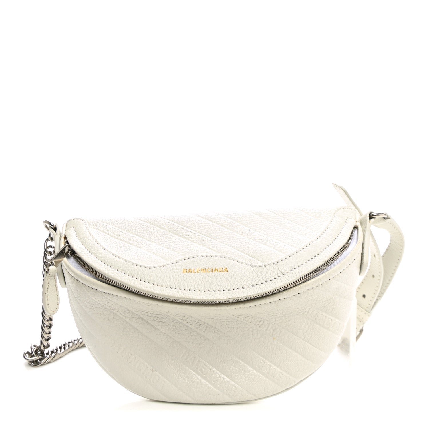 Balenciaga Shiny Goatskin Allover Logo Embossed XXS Souvenir Belt Bag White