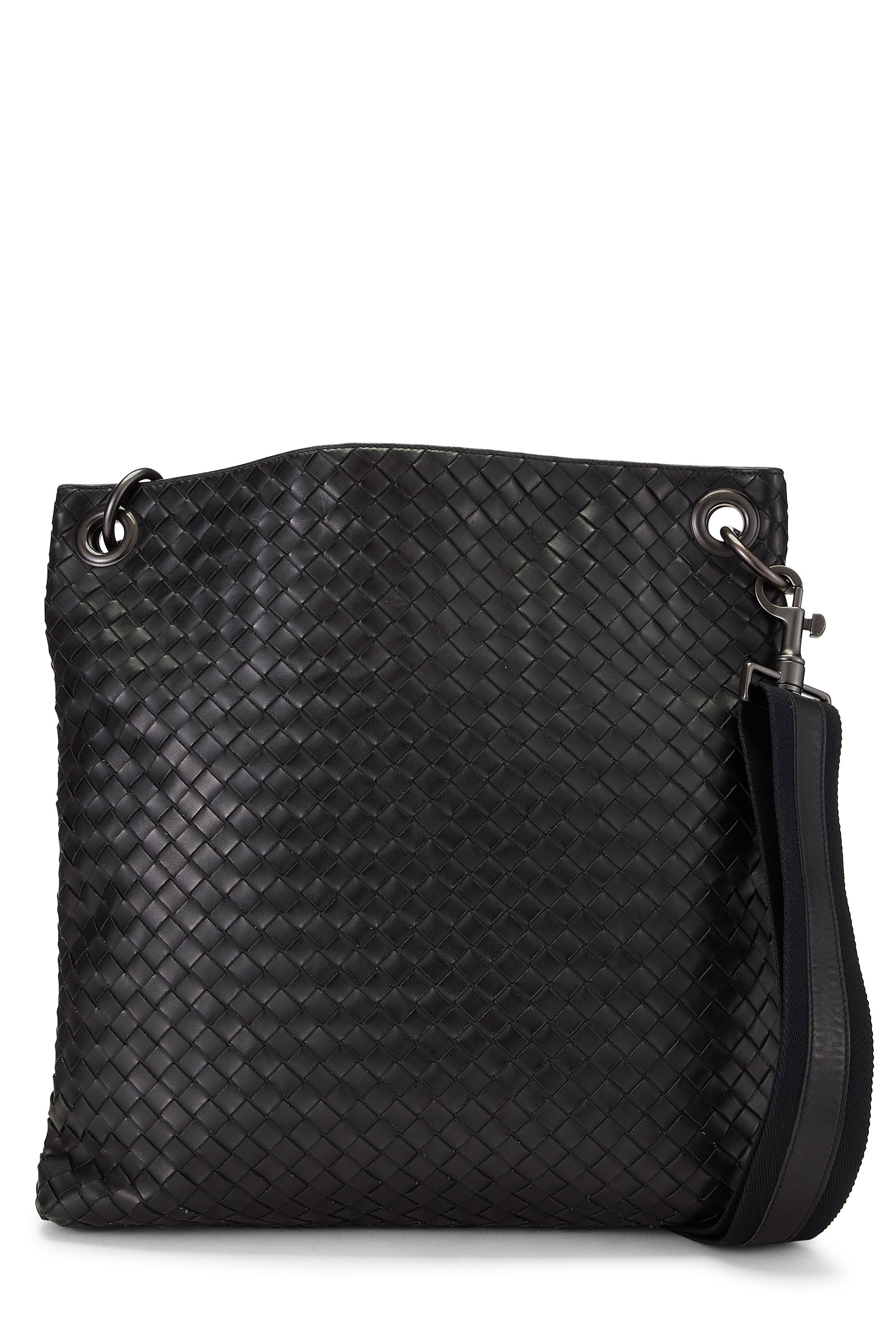 Bottega Veneta Black Intrecciato Flat Messenger Bag