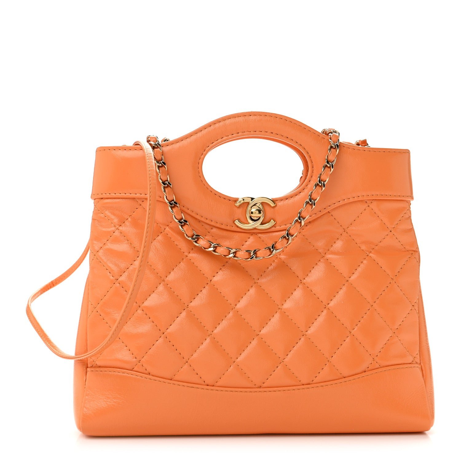 Chanel Shiny Crumpled Calfskin Quilted Mini 31 Shopping Bag Orange