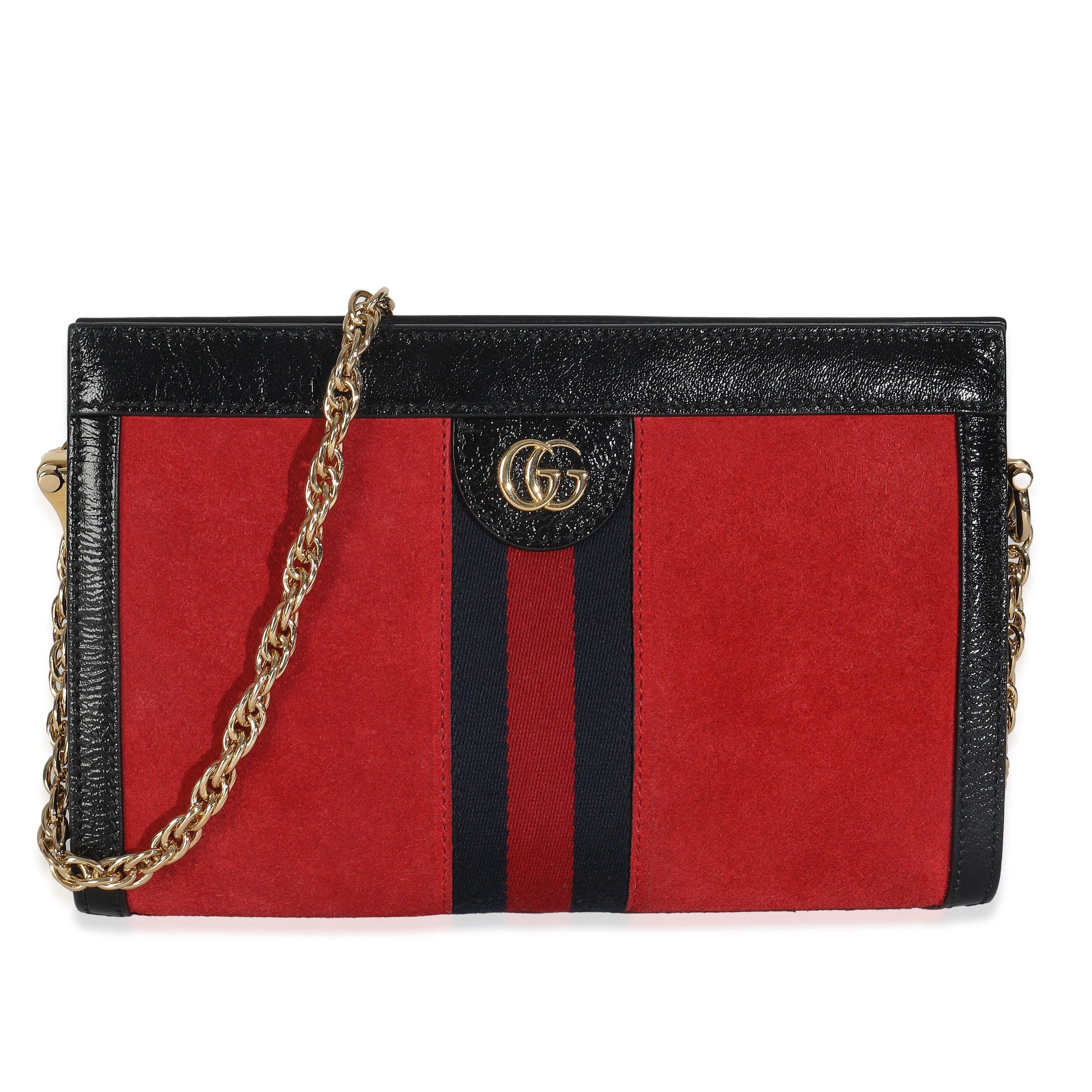 Gucci Hibiscus Red Suede Patent Web Small Ophidia Chain Shoulder Bag