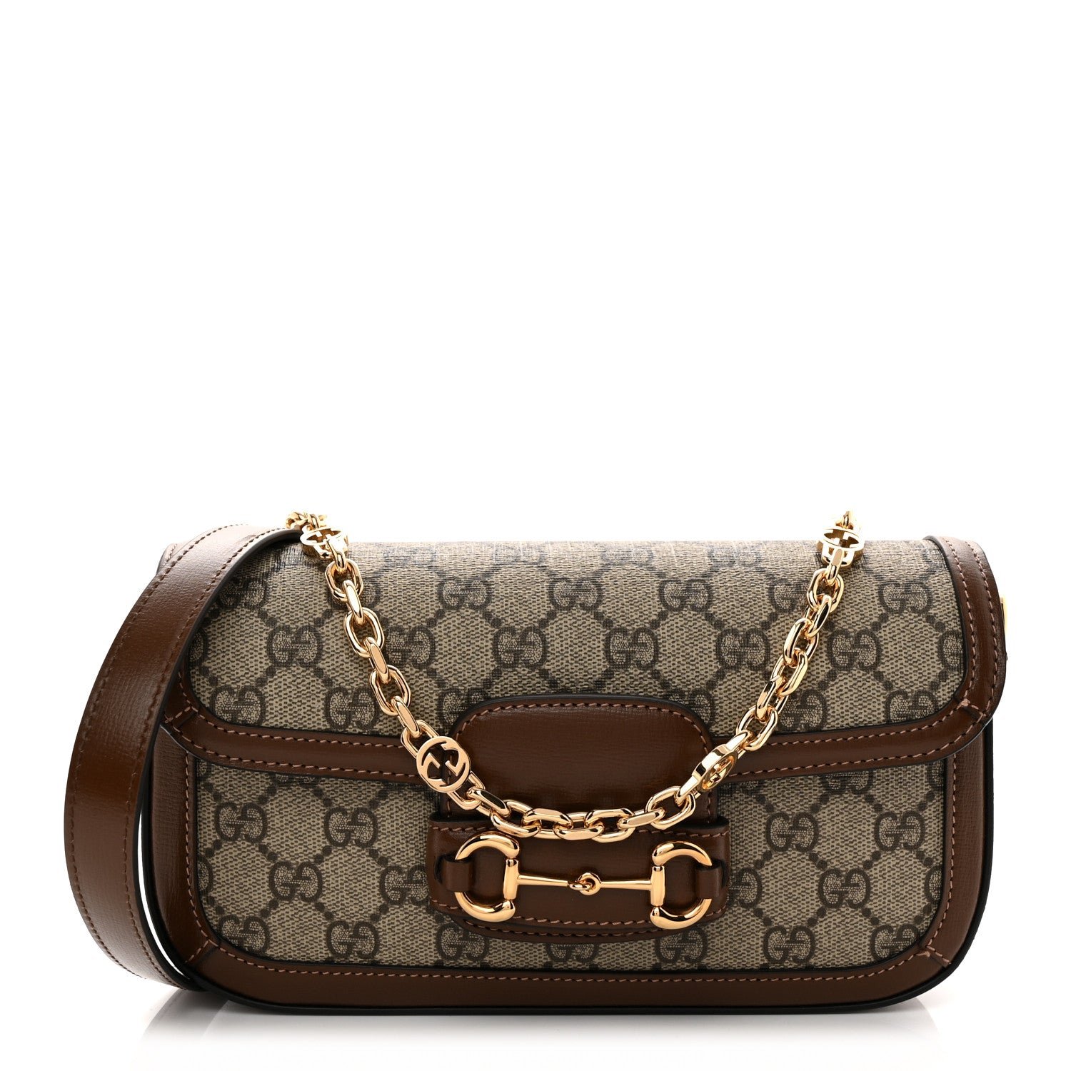 Gucci GG Supreme Monogram Small Horsebit 1955 Chain Shoulder Bag Beige Ebony Brown Sugar