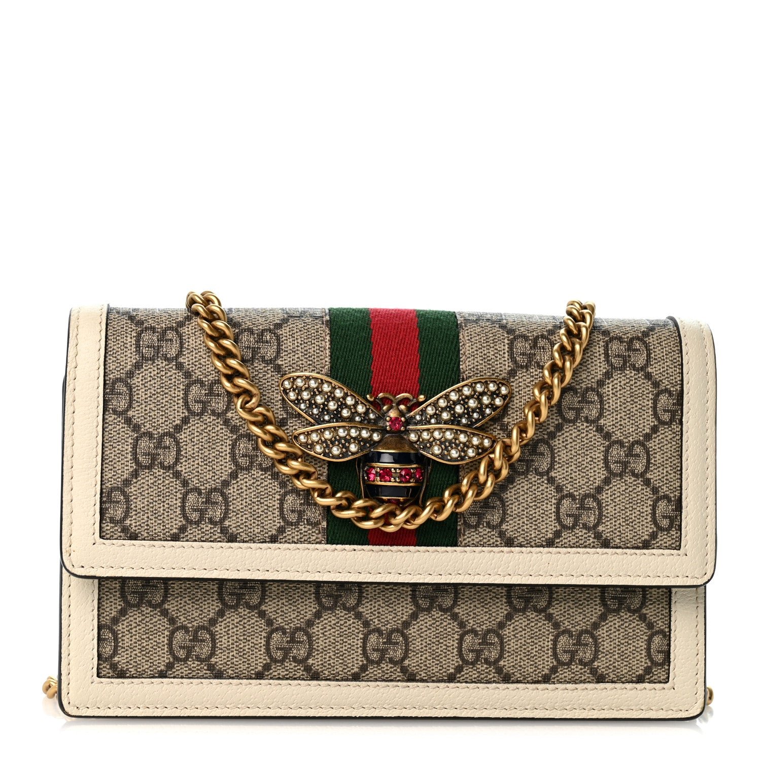 Gucci GG Supreme Monogram Web Queen Margaret Chain Wallet White