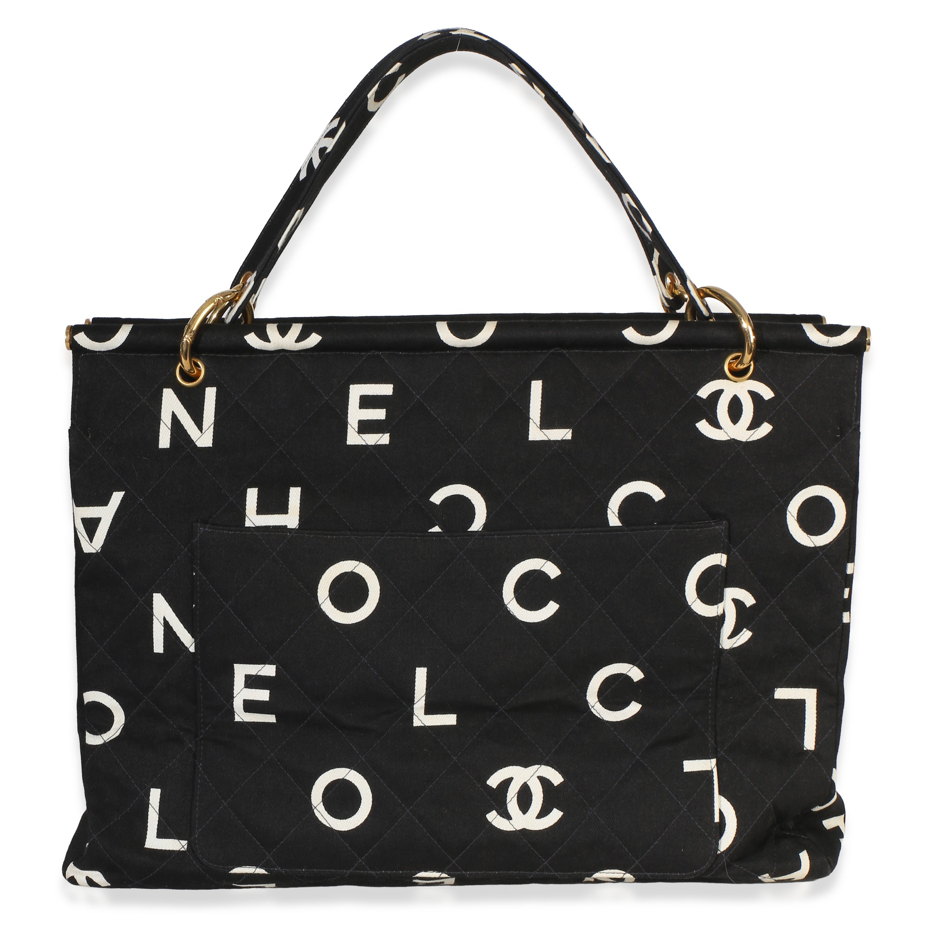 Vintage Black White Quilted Canvas Logo Tote