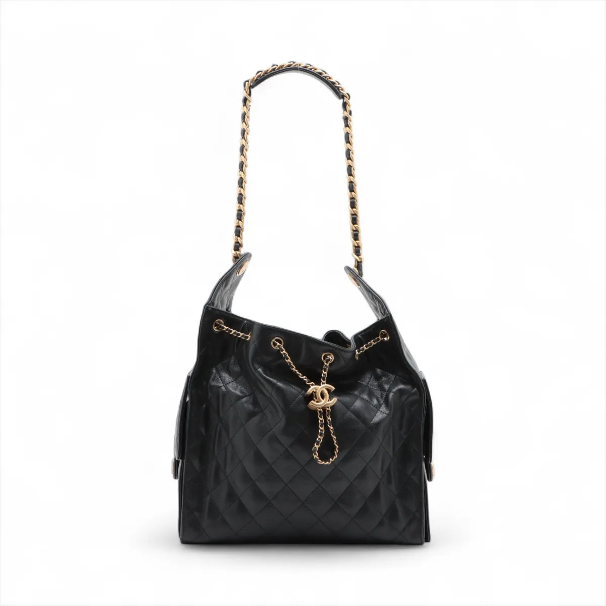 Chanel Chanel 25 Medium Caviar Skin Chain Shoulder Bag Black Gold Metal Fittings