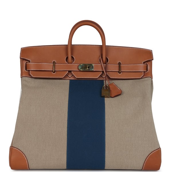 Hermes Pre-owned Hermes Birkin HAC 50 Flag Ficelle Toile H, Fauve Barenia and Bleu Toile H Canvas Gold Hardware