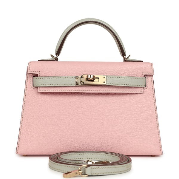 Pre-owned Hermes Special Order (HSS) Kelly Sellier 20 Rose Sakura and Gris Perle Chevre Mysore Permabrass Hardware