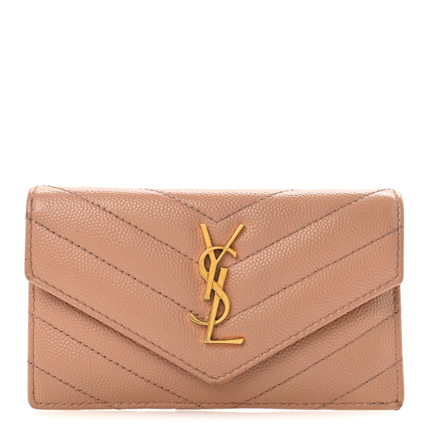 Saint Laurent Grain De Poudre Matelasse Chevron Monogram Compact Wallet Case Dark Beige