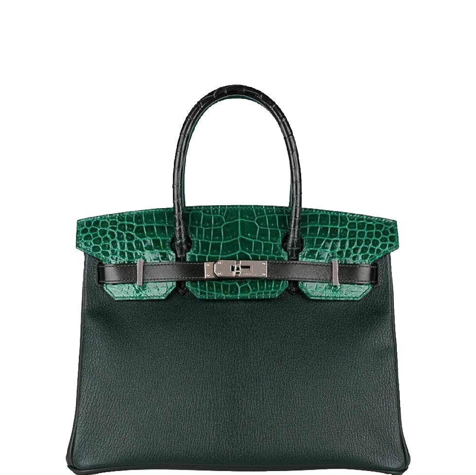 Hermes Hermès Birkin 30 Vert Emerald Porosus Crocodile, Vert Titien and Rose Azalée Patchwork Palladium Hardware