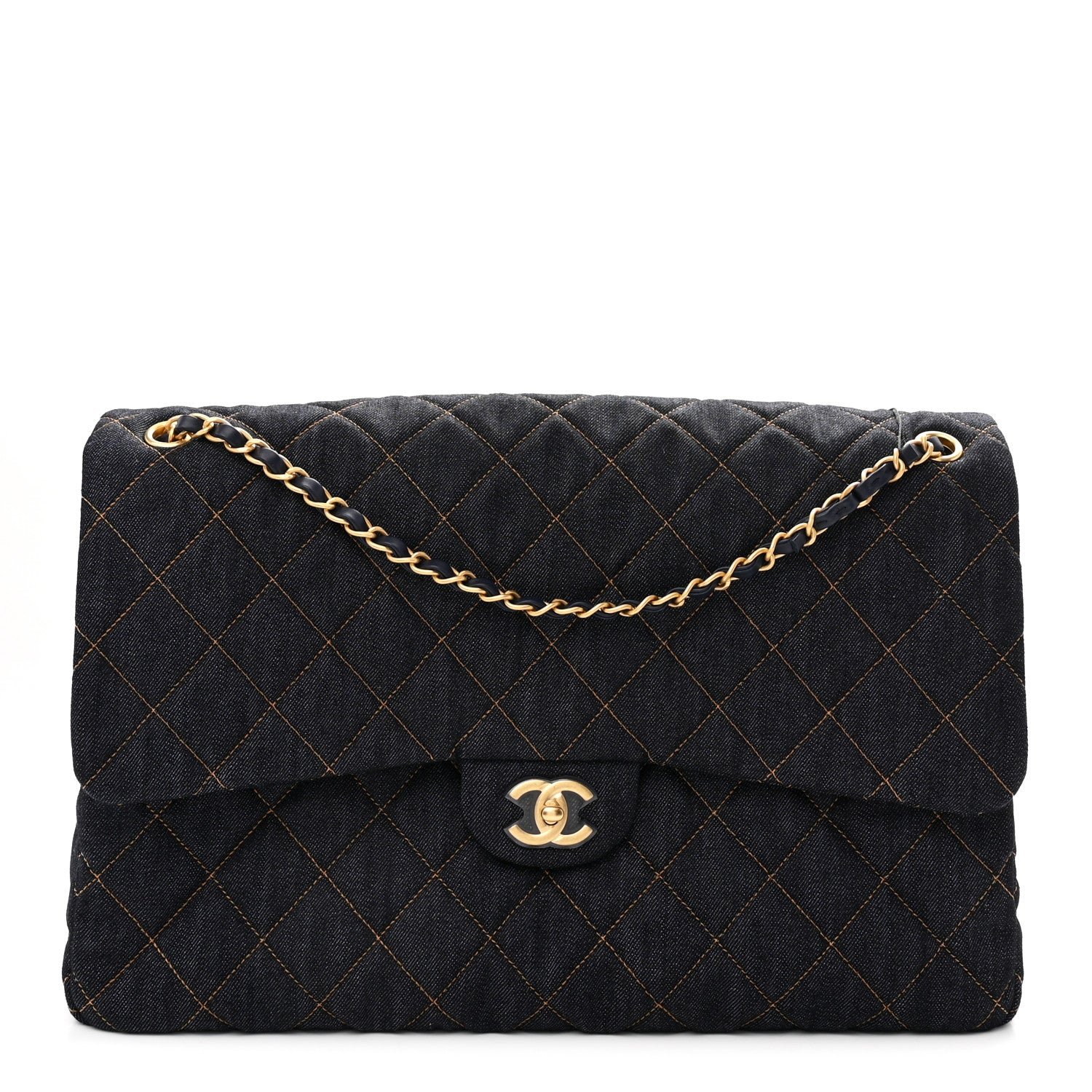 Chanel Denim Quilted XXL Travel Flap Bag Dark Blue Orange