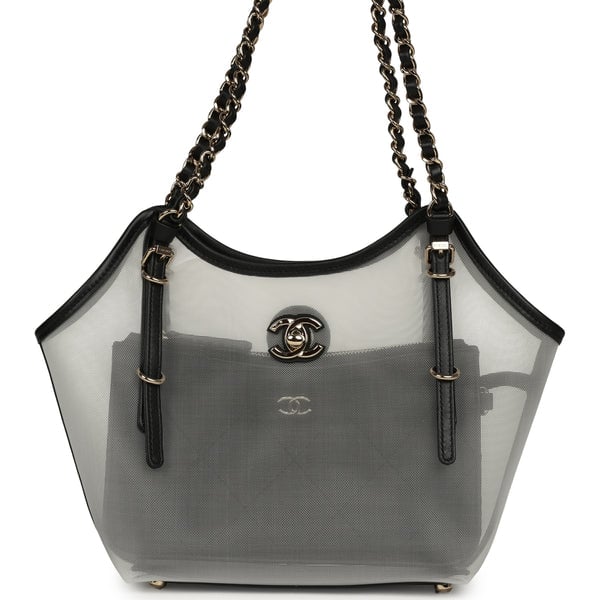 Chanel Small Coco Beach Shopping Bag Transparent Mesh and Black Calfskin Light Gold Hardware