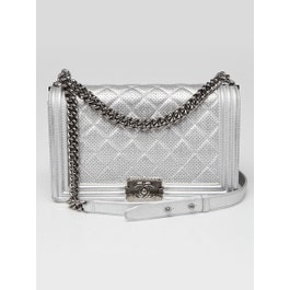 Chanel Chanel Silver Perforated Quilted Leather New Medium Boy Bag