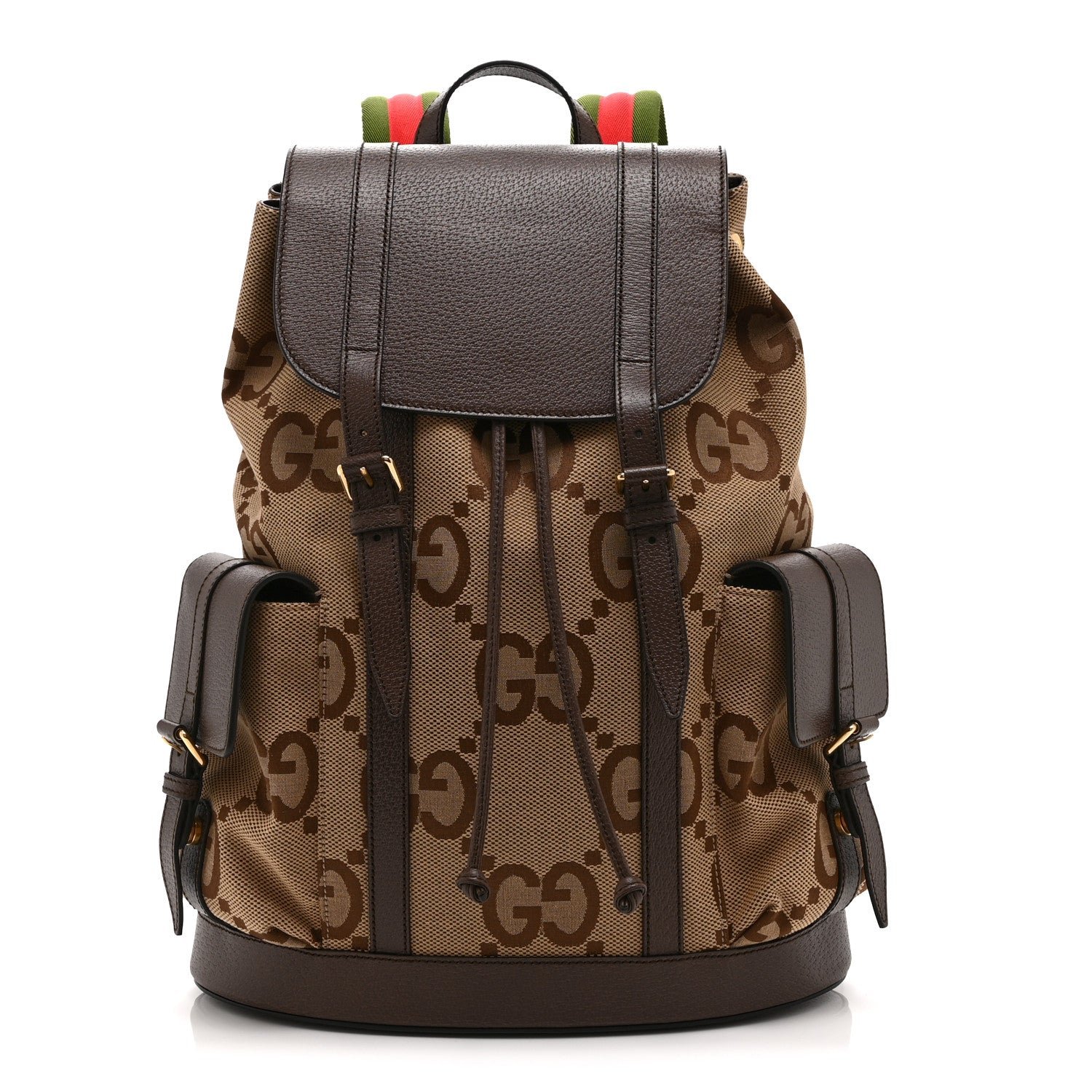 Gucci Monogram Jumbo GG Textured Dollar Calfskin Web Double Buckle Backpack Camel Ebony New Acero