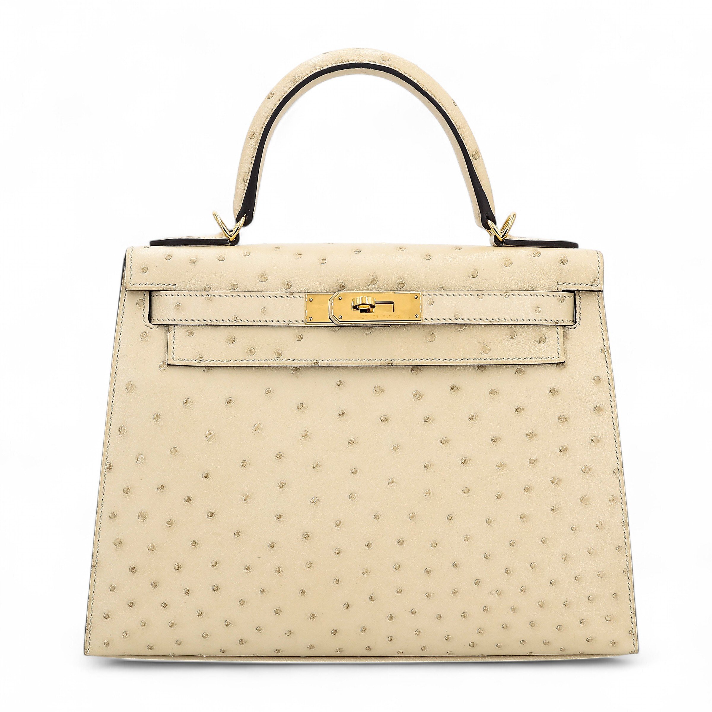 Hermes Very Good ( Rank A) HERMÈS Kelly 28 Sellier Parchemin (3C) Ostrich Gold hardware X (2016)