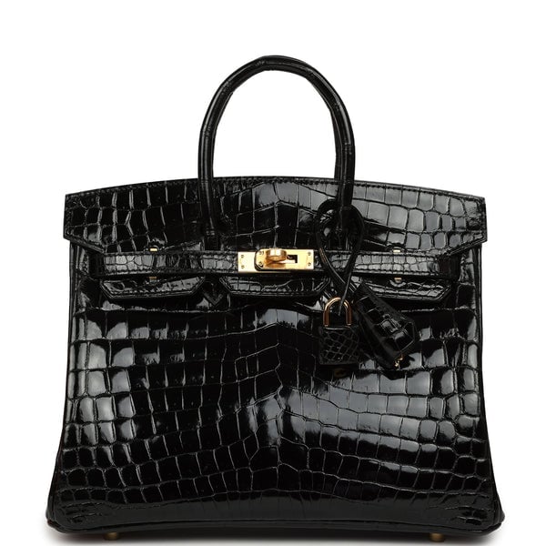 Hermes Birkin 25 Black Shiny Niloticus Crocodile Gold Hardware