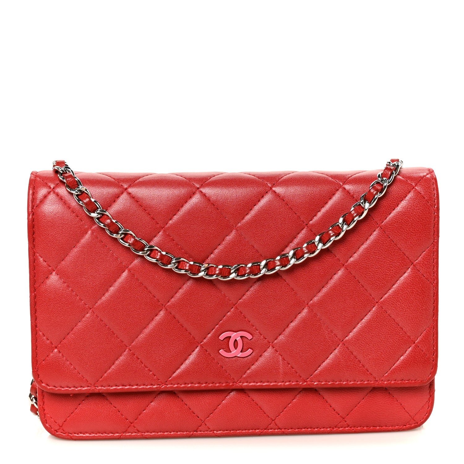 Chanel Lambskin Quilted Wallet On Chain WOC Red Pink