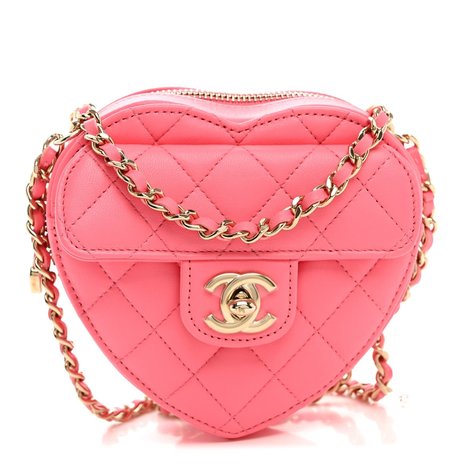 Chanel Lambskin Quilted CC In Love Heart Clutch With Chain Pink