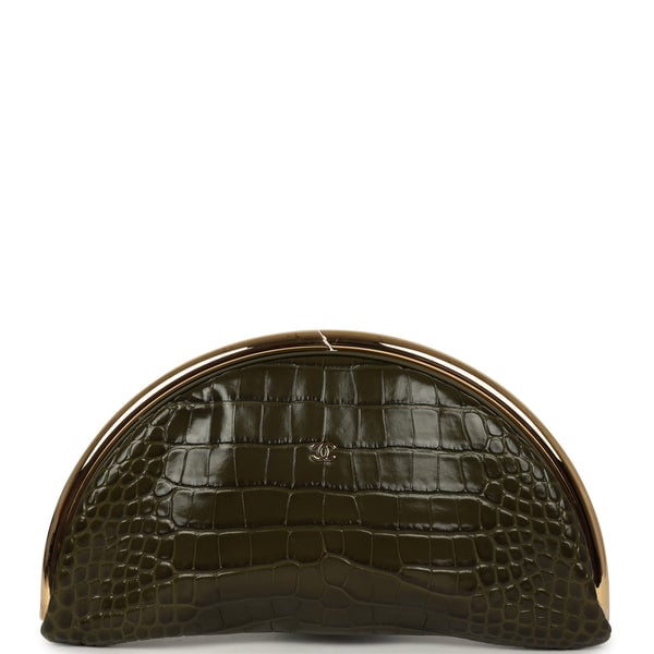 Chanel Half Moon Clutch Bag Khaki Croc Embossed Calfskin Gold Hardware