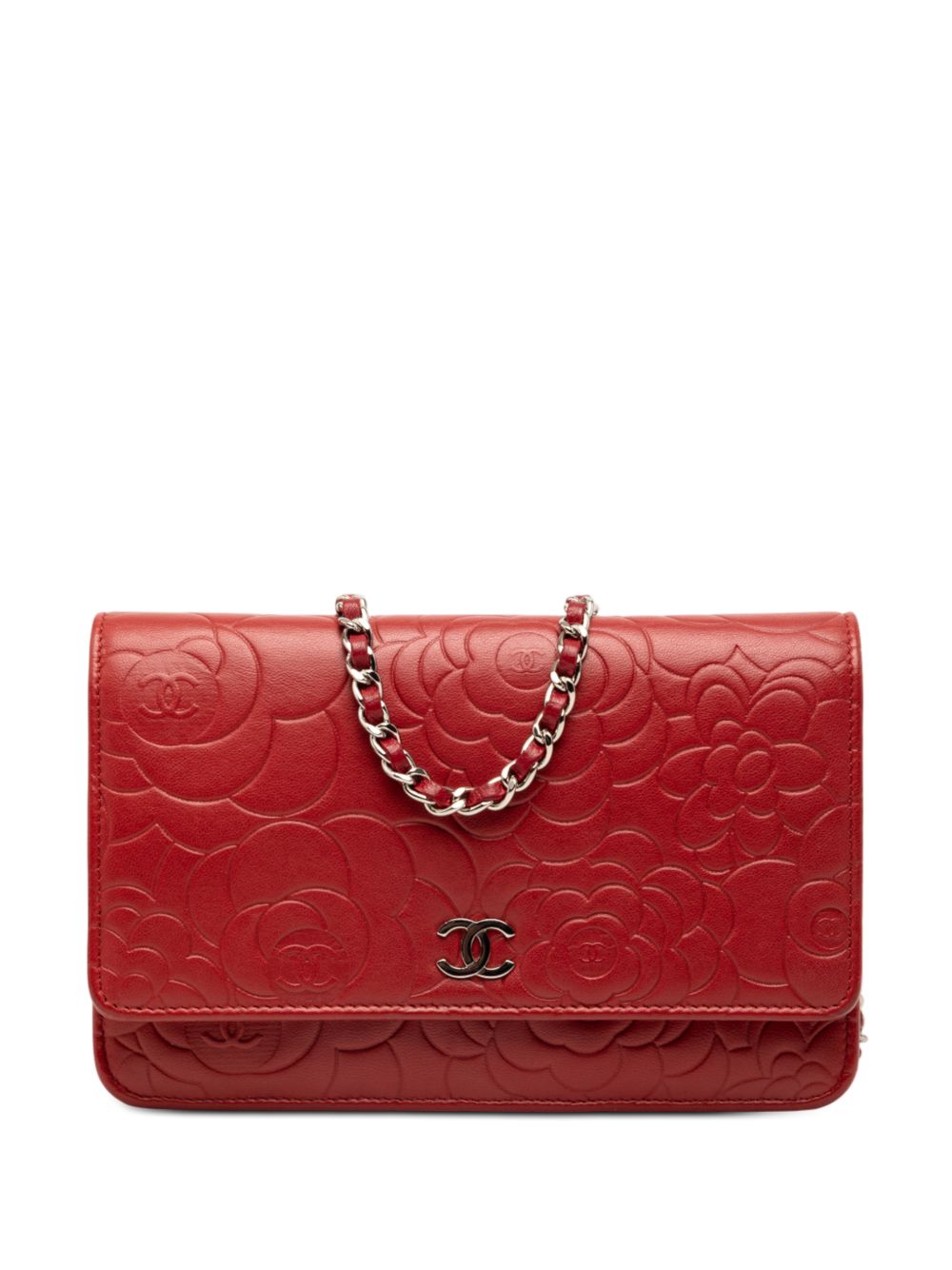 2014 CC Embossed Lambskin Camellia Wallet On Chain crossbody bag
