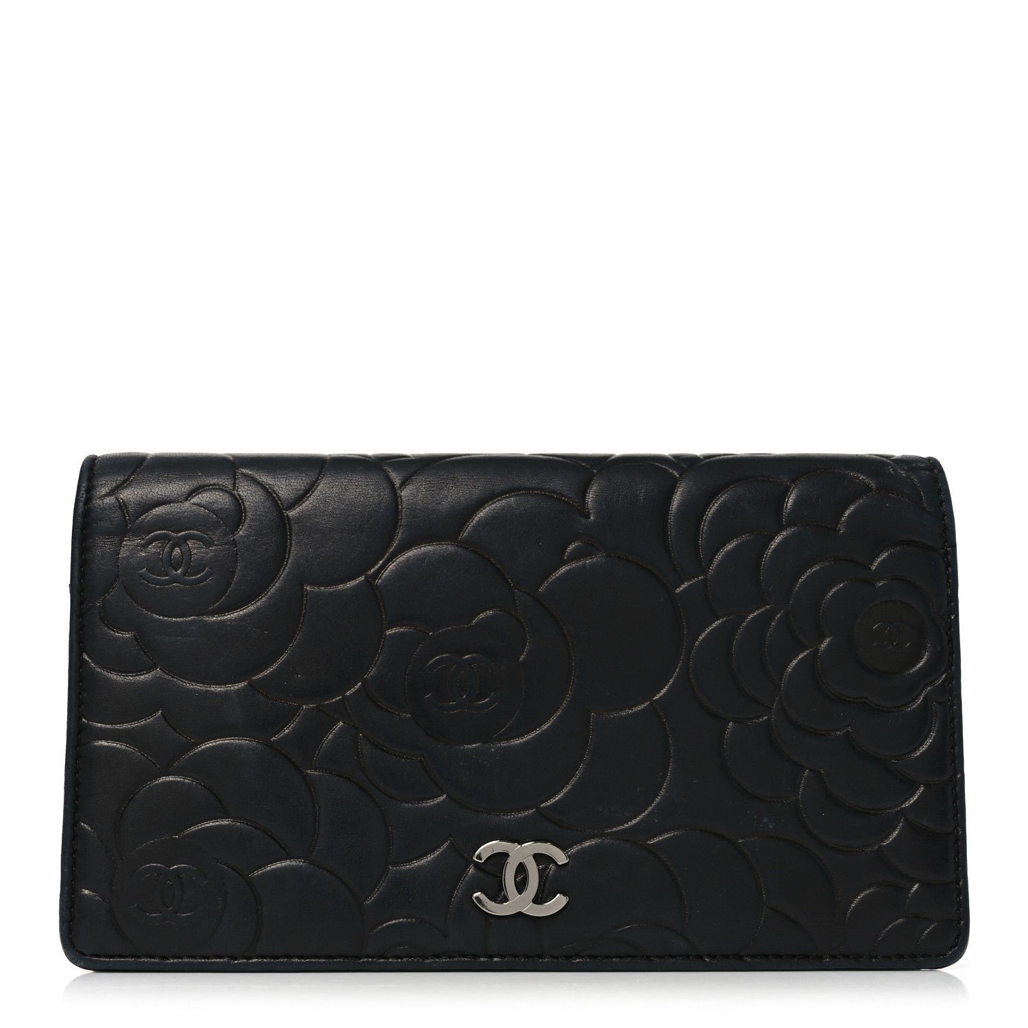 Chanel Lambskin Camellia Embossed Yen Wallet Black