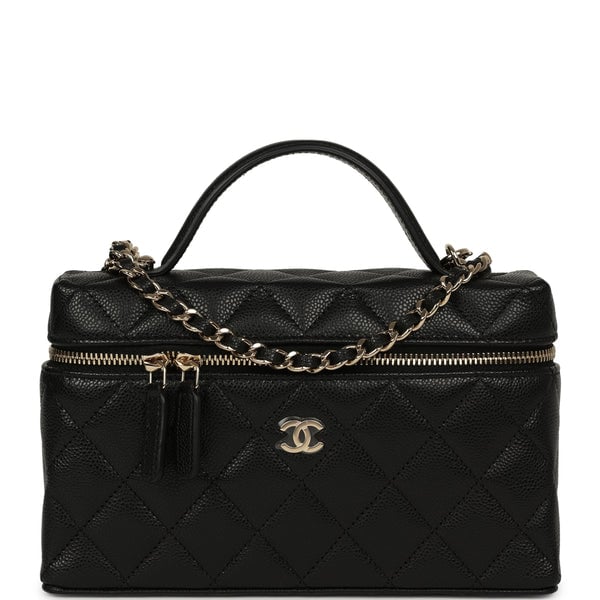 Chanel Top Handle Long Vanity Case with Chain Black Caviar Light Gold Hardware