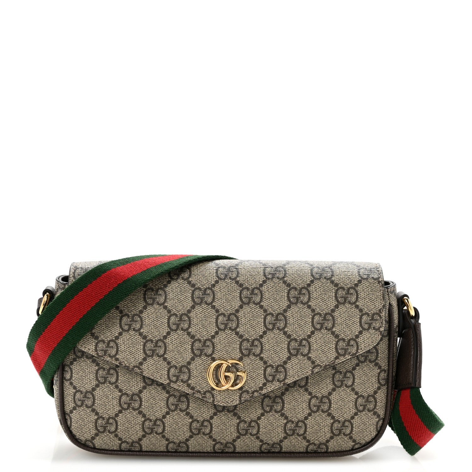 Gucci GG Supreme Monogram Textured Dollar Calfskin Web Mini Ophidia Envelope Shoulder Bag Beige Ebony New Acero