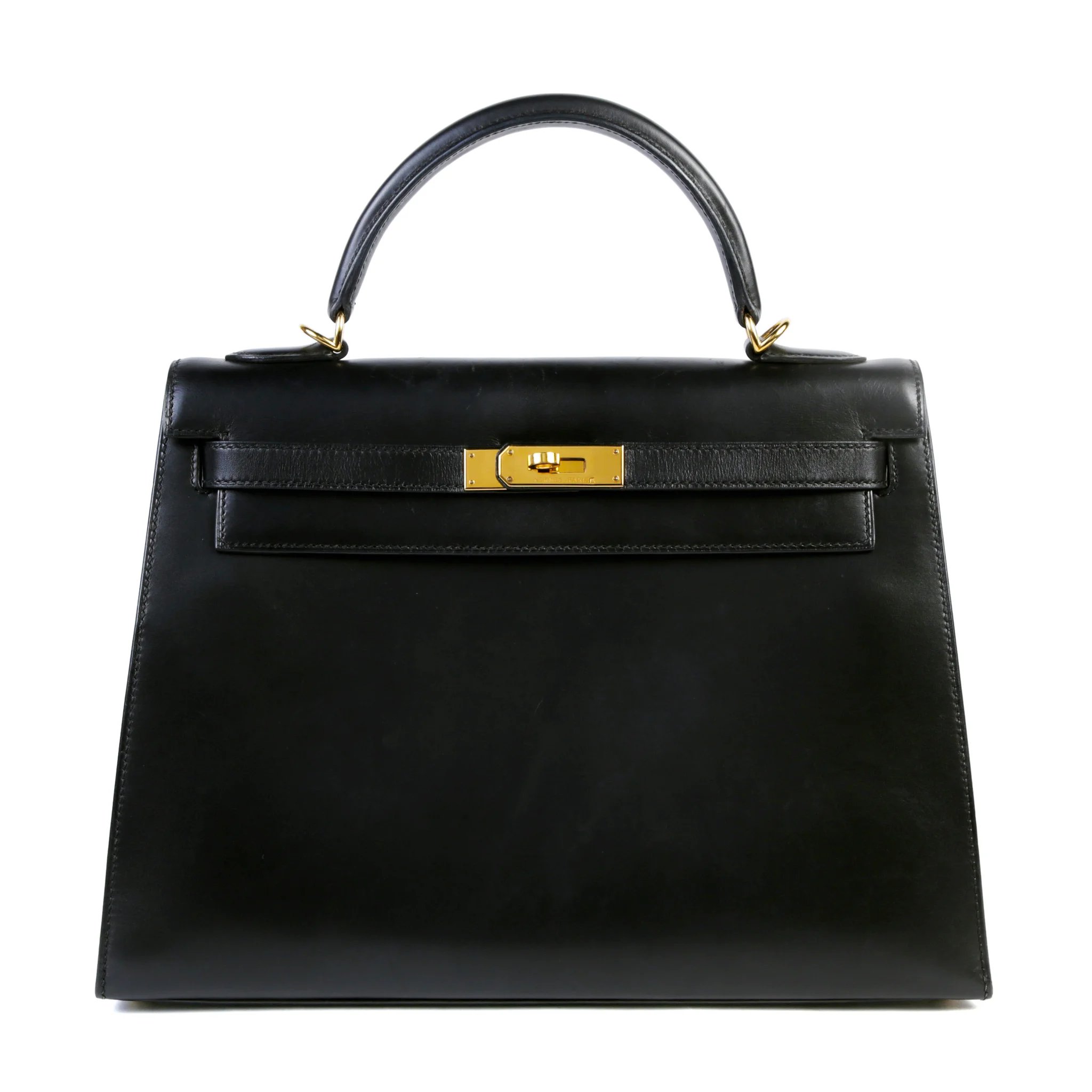 Good ( Rank AB) HERMÈS Kelly 32 Sellier Noir (89) Box-calf Gold hardware Square F (2002)