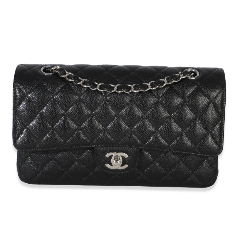 Black Quilted Caviar Medium Classic Double Flap Bag Silver Handbag, 2020