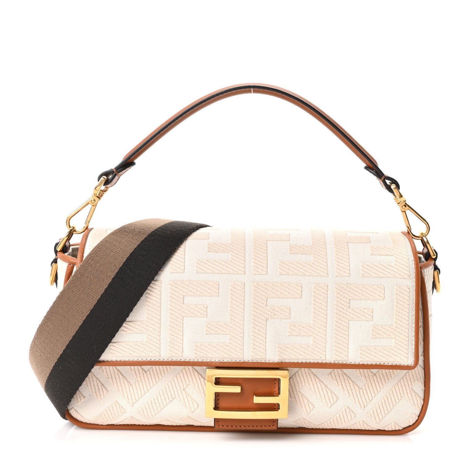 Fendi Canvas Vitello King Bi-Color Strap FF Embroidered Baguette Grezzo Brandy Cuoio