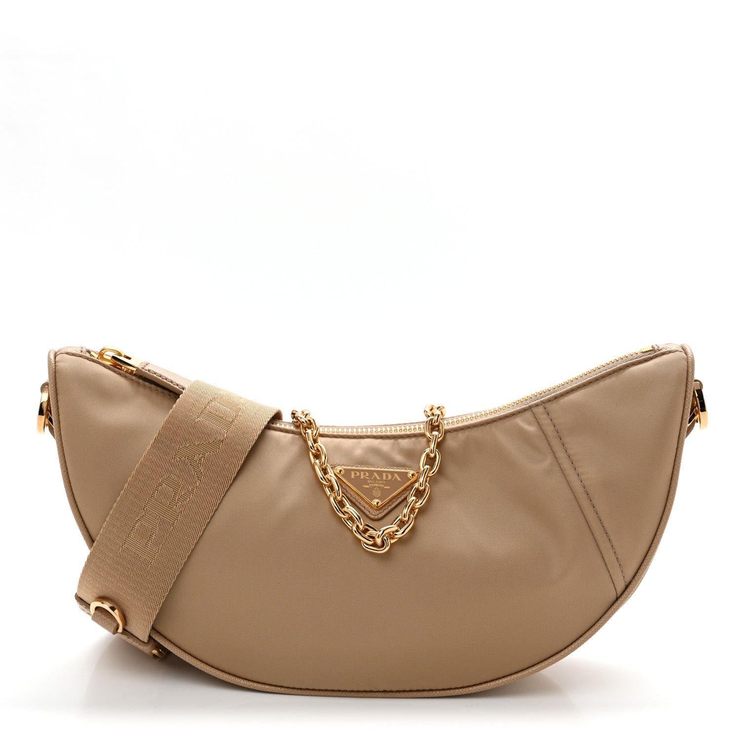 Prada Re-Nylon Saffiano Demi-lune Shoulder Bag Cammello