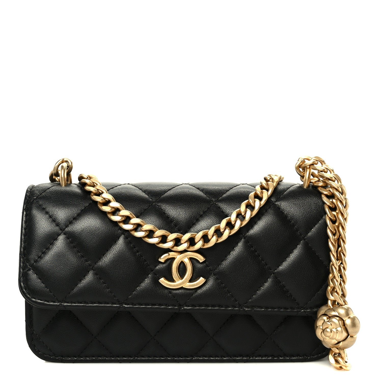 Chanel Lambskin Quilted Sweet Camellia Flap Phone Holder With Chain Black
