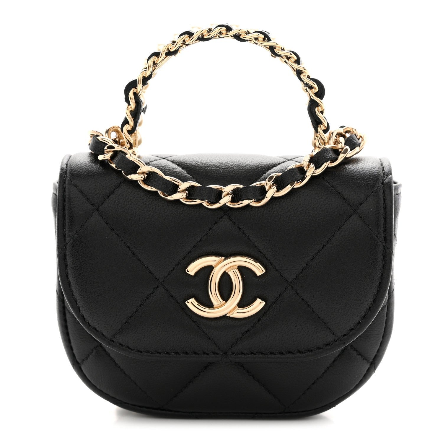 Chanel Lambskin Quilted Pearl Top Handle Clutch With Chain Black
