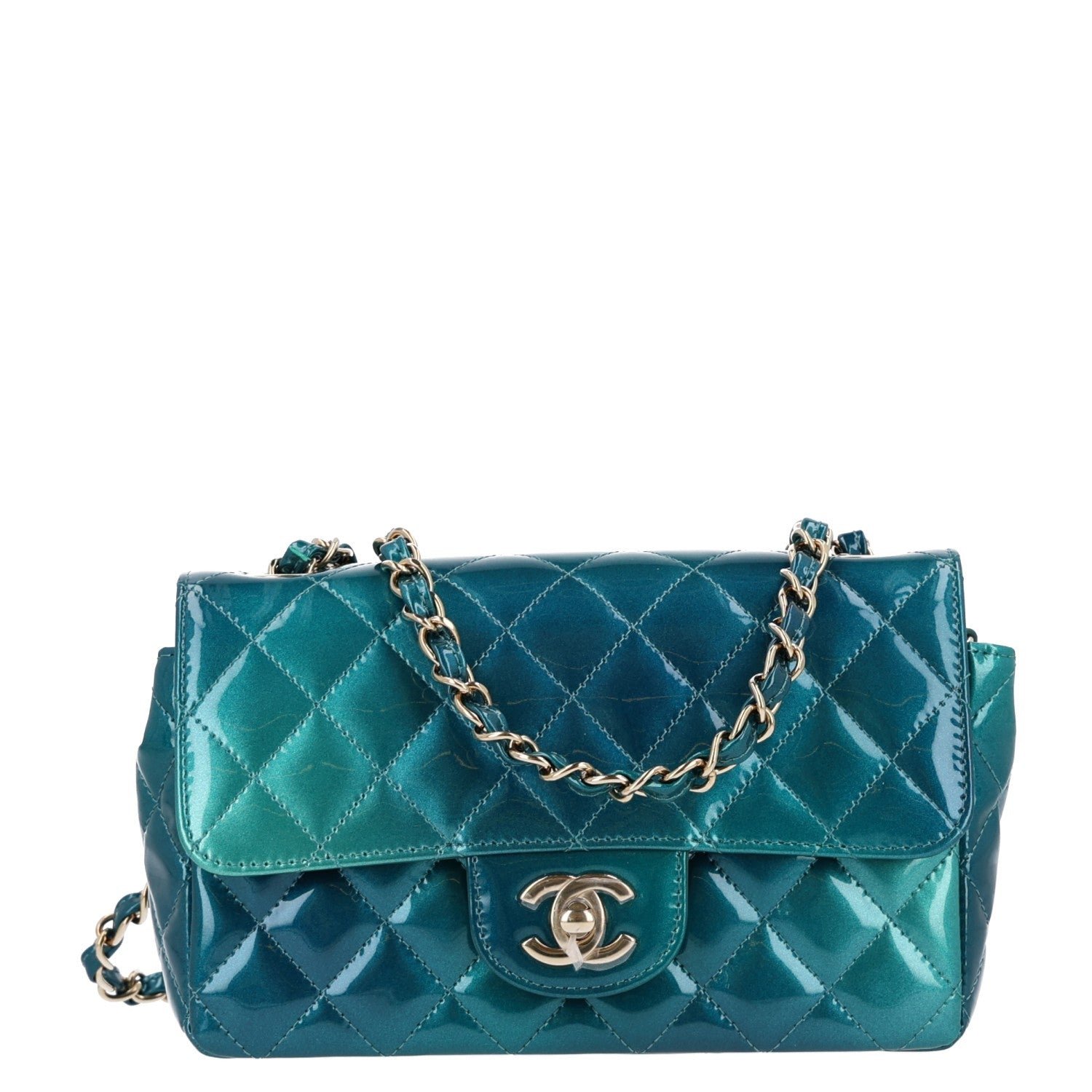 Chanel Shaded Patent Calfskin Quilted Mini Rectangular Flap Green Blue
