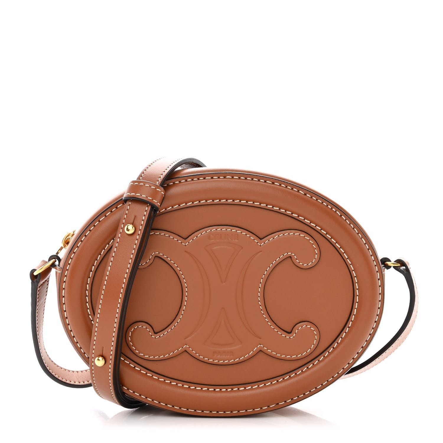Celine Smooth Calfskin Cuir Small Triomphe Oval Crossbody Purse Tan