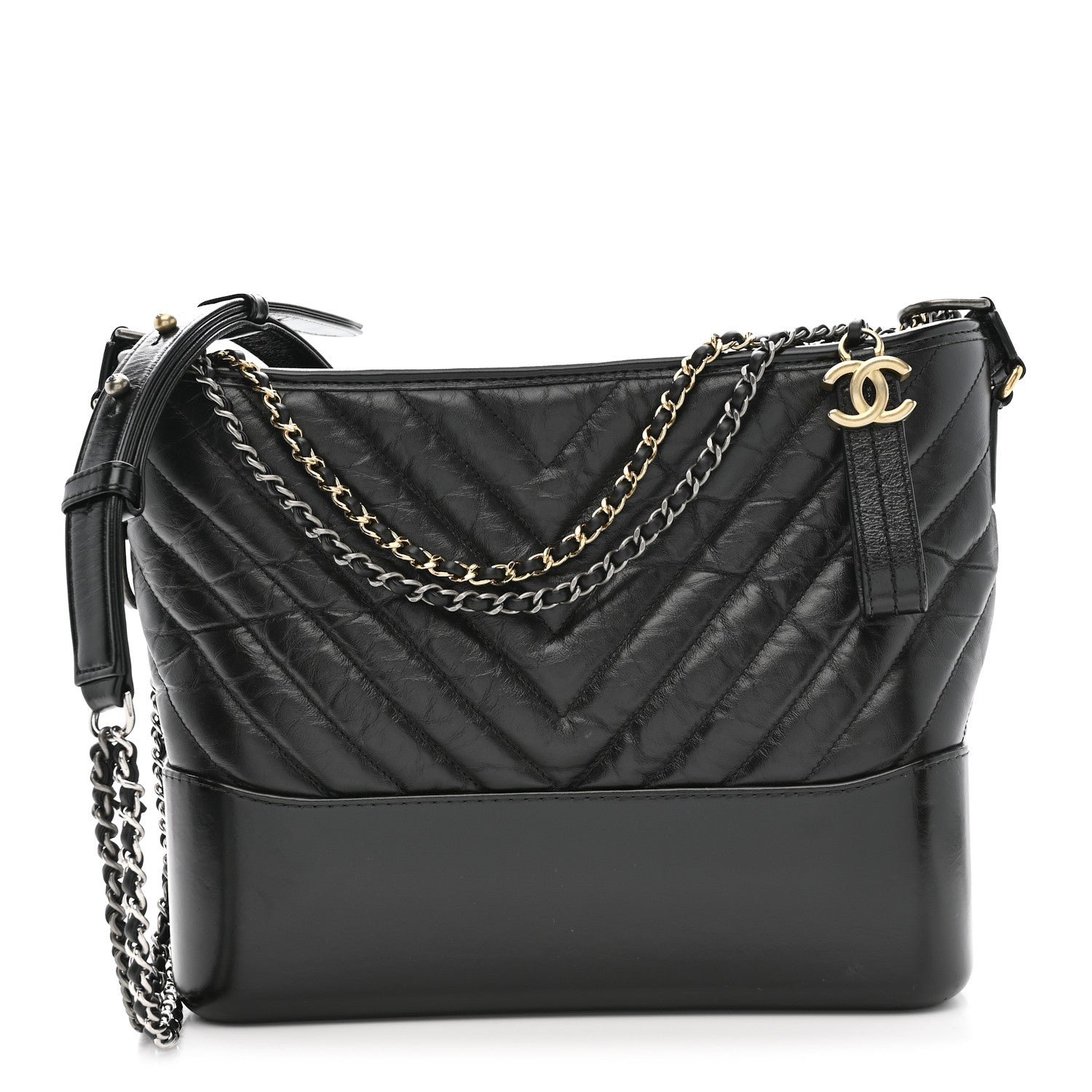 Chanel Aged Calfskin Chevron Quilted Medium Gabrielle Hobo Black