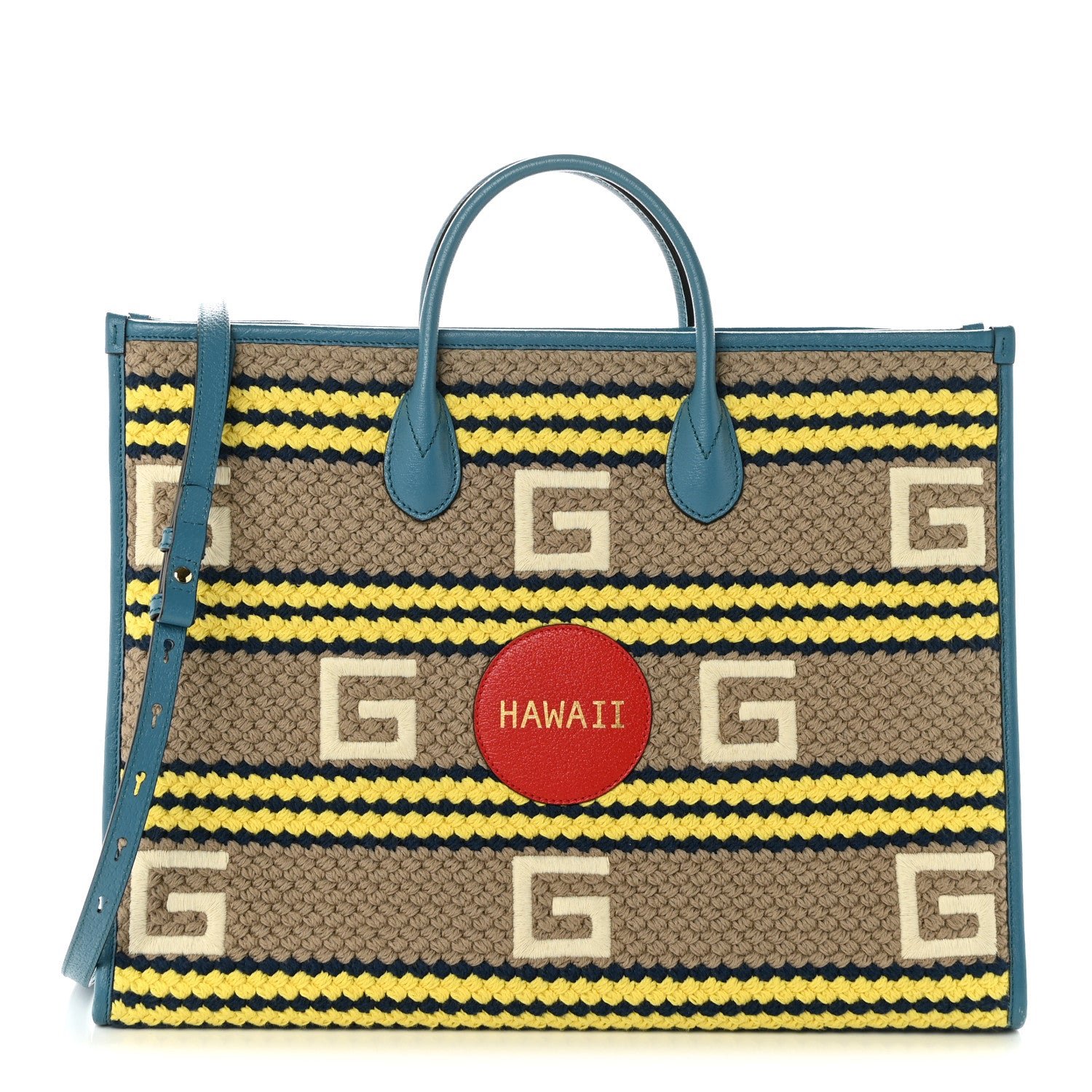 Gucci Fabric Embroidered Hawaii Striped Tote Bag Blue