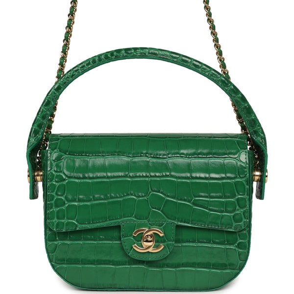 Chanel Mini Top Handle "Turn Around" Flap Bag Green Croc Embossed Calfskin Gold Hardware