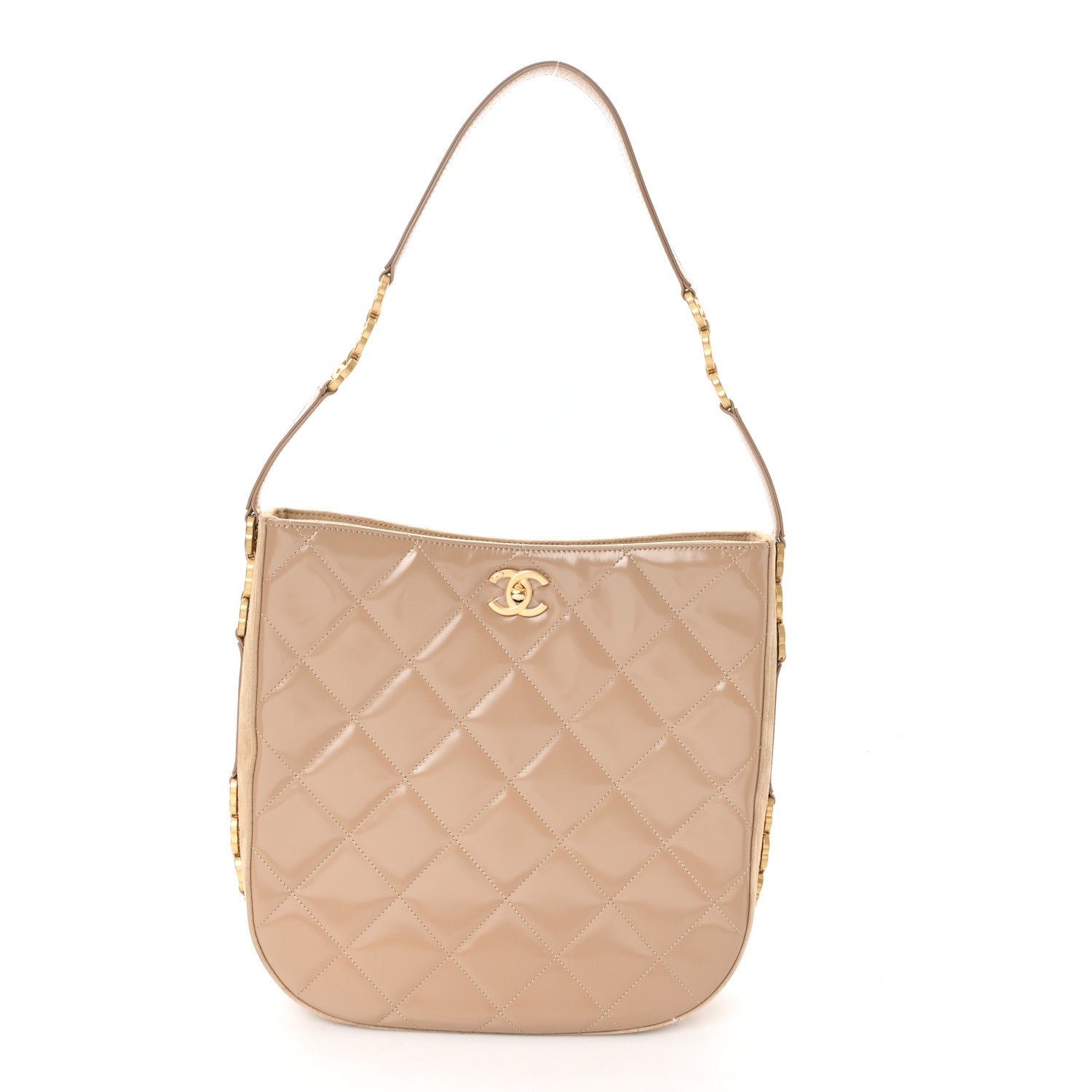 Chanel Shiny Calfskin Quilted Suede Goatskin My Sweet CC Hobo Beige