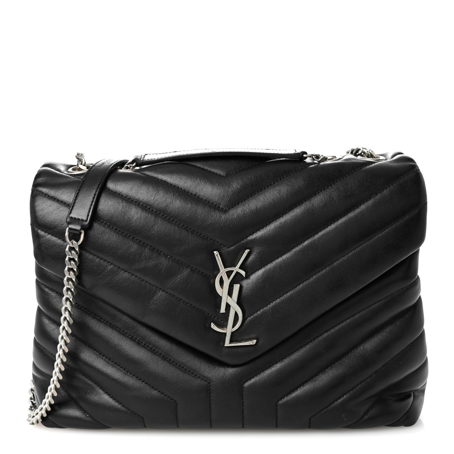 Saint Laurent Calfskin Y Quilted Monogram Medium Loulou Chain Satchel Black