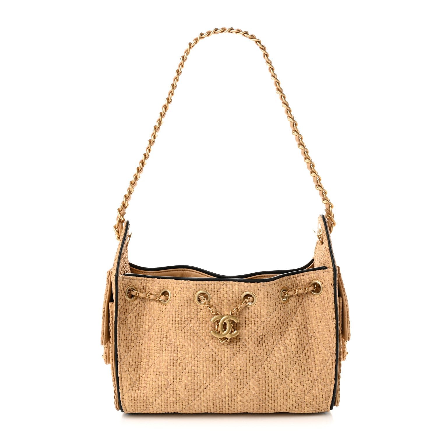 Chanel Braided Raffia Calfskin Quilted Mini Chanel 25 Handbag Beige Black