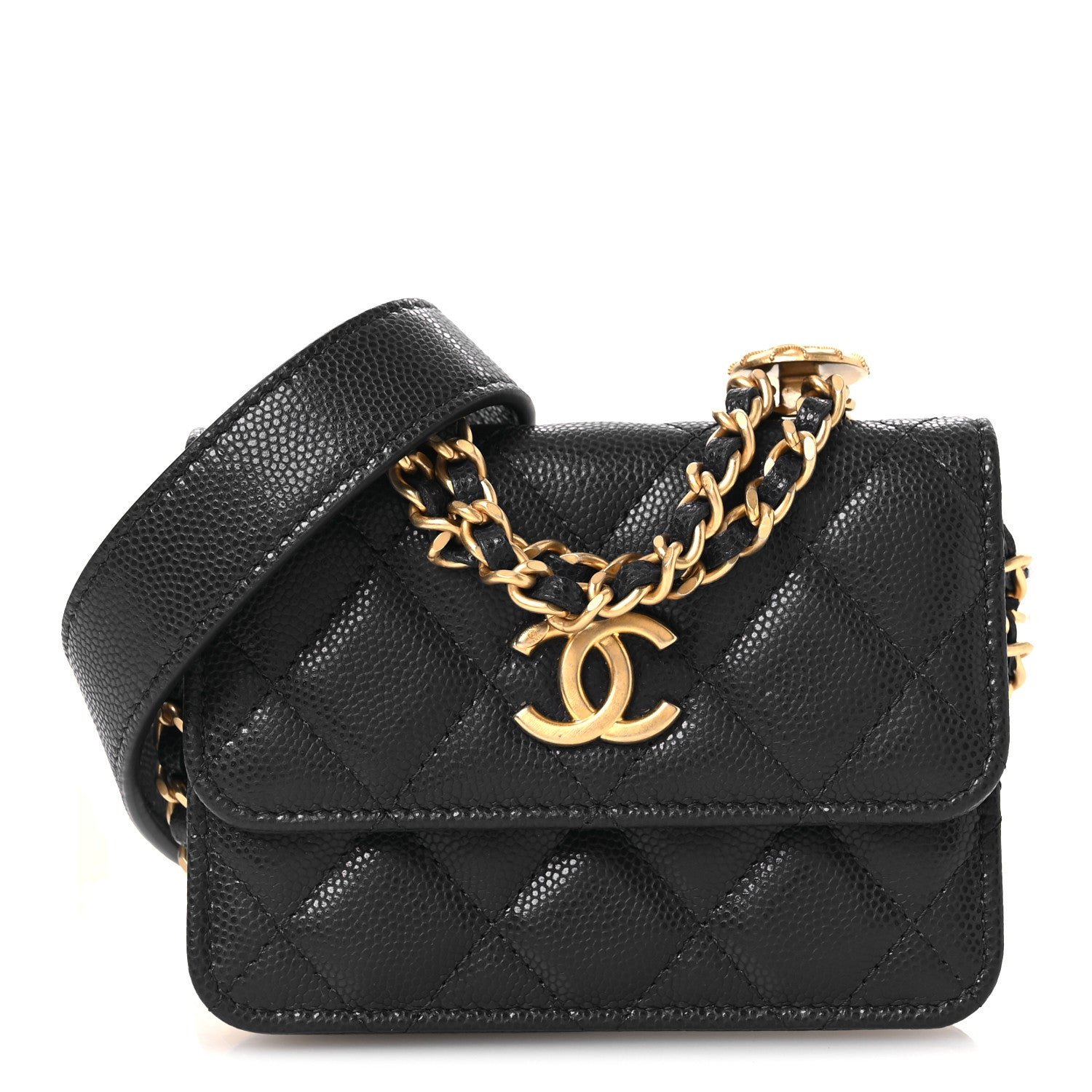Chanel Caviar Quilted Twist Your Buttons Coin Purse With Chain Navy