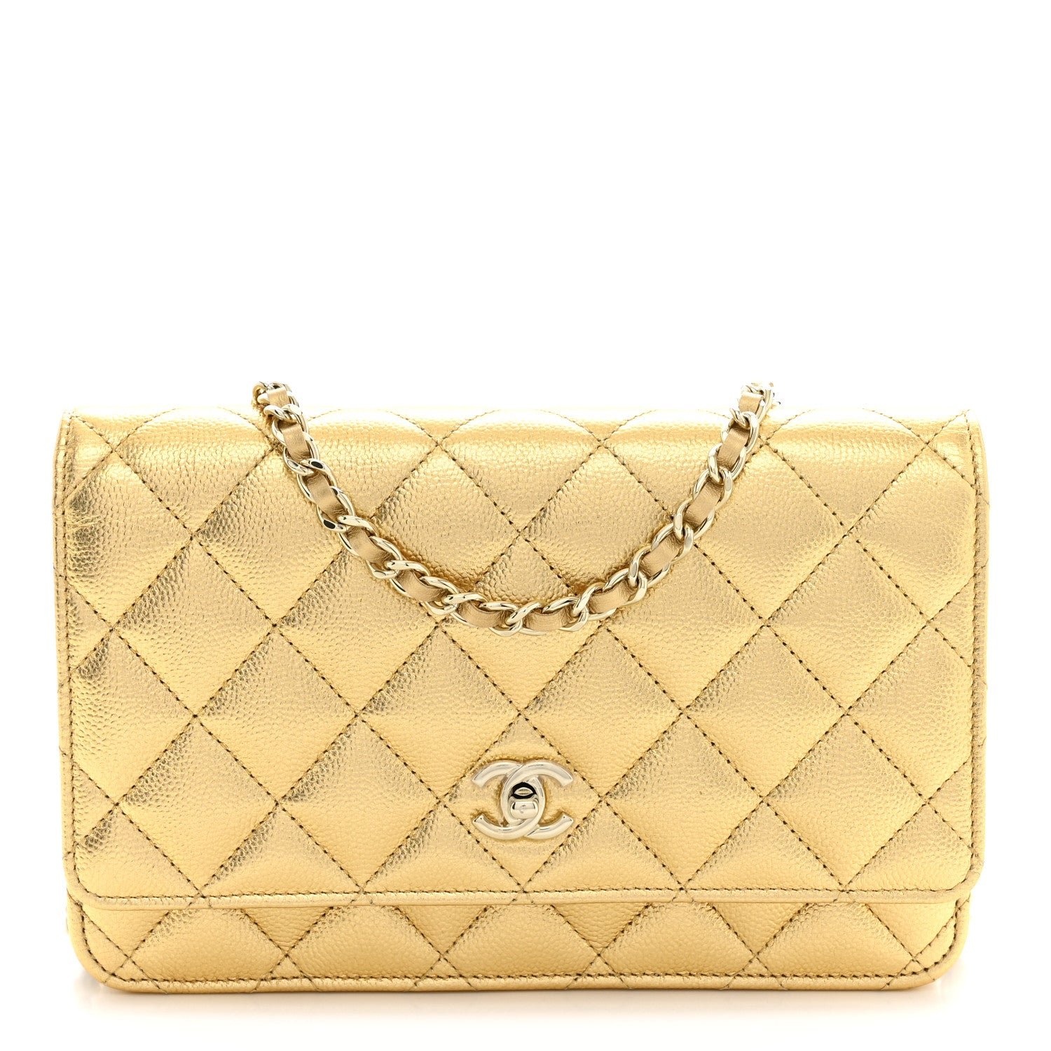 Chanel Metallic Caviar Quilted CC Turnlock Wallet On Chain WOC Gold