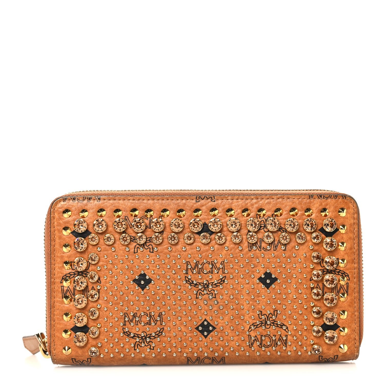 MCM Visetos Studded Crystal Zip Around Wallet Cognac