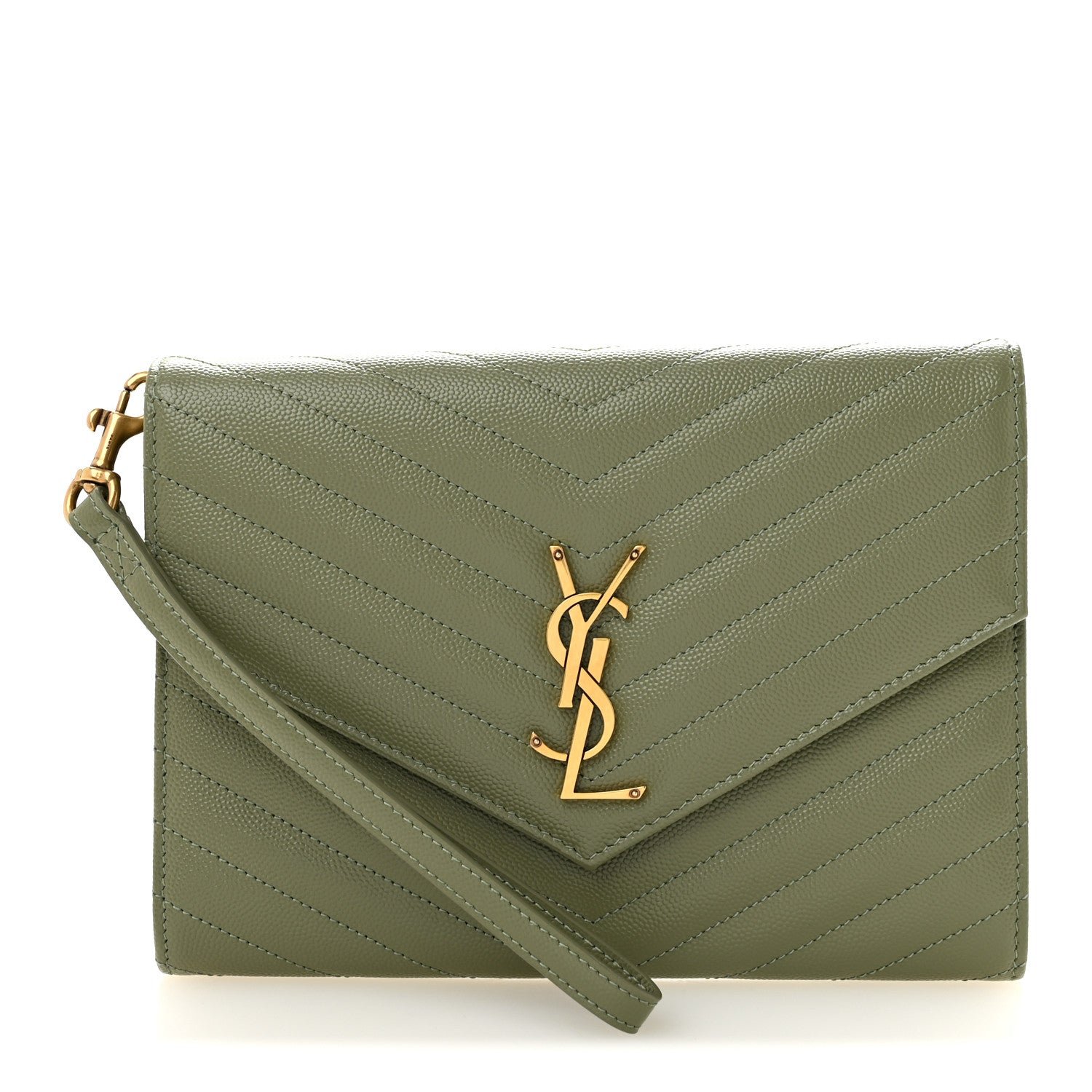 Saint Laurent Grain De Poudre Matelasse Chevron Monogram Envelope Clutch Light Sage
